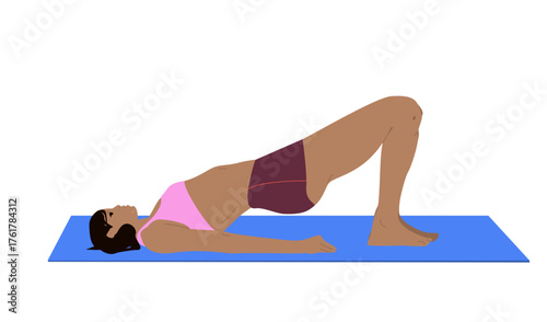 Woman training on mat. Girl during Kegel exercise, workout for healthy pelvic muscles. Person lying on floor, pelvis raised up position. Flat vector illustration isolated on white background.