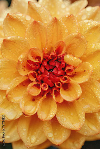 Fotografie Orange Dahlia macro closeup with rain drops