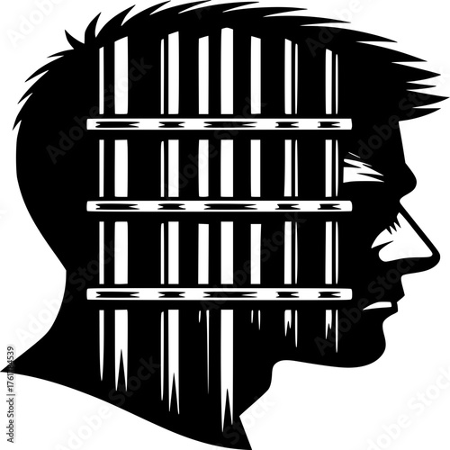 Mind Behind Bars: The silhouette of a person's head reveals a cage-like structure within, a stark visual representation of being trapped by one's own thoughts or circumstances.
