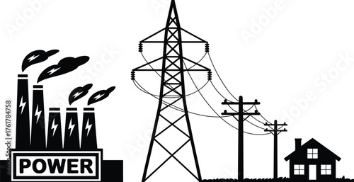 Power plant illustration, electricity generation, transmission tower, utility poles, energy distribution, electrical grid, industrial infrastructure, power supply chain, residential electricity