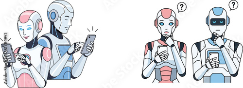 happy and confused robots with smartphones, ai emotion, problem solving, technology interaction vector illustration