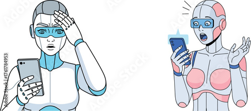 Surprised female robots with smartphones, shocking news, AI emotion, and digital information reaction