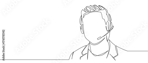 Man wearing headphones call center, continuous line drawing hand drawn line art on transparent background. One line continuous outline isolated vector illustration. Editable stroke