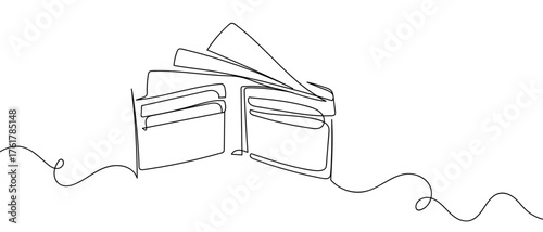 Opened wallet with banknotes inside. Continuous line drawing hand drawn line art on transparent background. One line continuous outline isolated vector illustration. Editable stroke