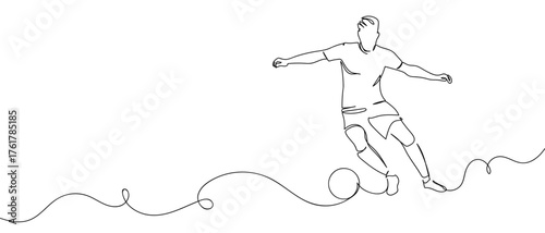 Football player kicking a soccer ball, continuous line drawing hand drawn line art on transparent background. One line continuous outline isolated vector illustration. Editable stroke