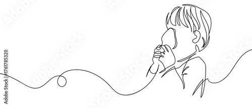 Child using respirator, continuous line drawing hand drawn line art on transparent background. One line continuous outline isolated vector illustration. Editable stroke