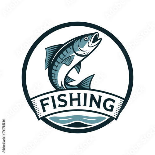 Circular emblem featuring a leaping fish and the word fishing