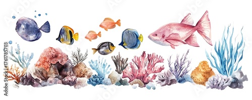 Watercolor tropical fish border illustration with coral reef and ocean plants, underwater watercolor sea life clipart border with colorful fish, marine watercolor ocean border illustration for design 
