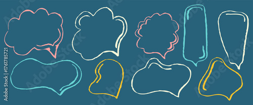 Crayon speech frame and chalk text box. Grunge talk and pencil drawn icon. Cute sketch brush balloon emphasis for chat. Childish dialogue bubble with scribble decoration design. Comic speak element.