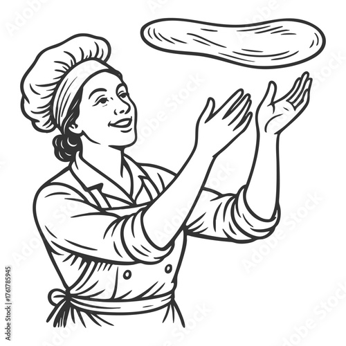 female pizza chef in a traditional chef hat and apron, joyfully tossing pizza dough into the air sketch engraving generative ai fictional character vector illustration. Scratch board. Black and white.