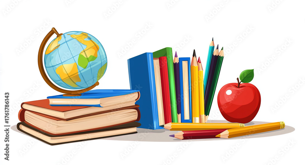 Naklejka premium illustration of books, pencils, and an apple on a desk with a globe, against a white background, in a flat design style