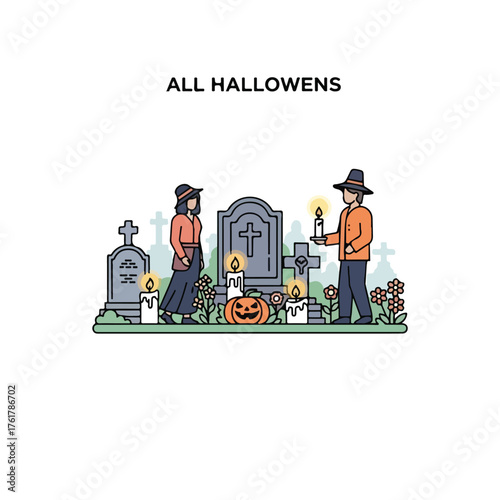 Flat vector illustration series inspired by All Hallows’ Day (All Saints’ Day) — featuring calm scenes of candle lighting, remembrance, and spiritual reflection. Designed in a minimalist flat design s