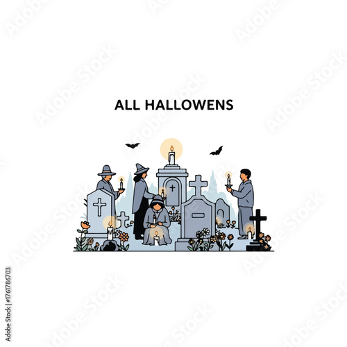 Flat vector illustration series inspired by All Hallows’ Day (All Saints’ Day) — featuring calm scenes of candle lighting, remembrance, and spiritual reflection. Designed in a minimalist flat design s