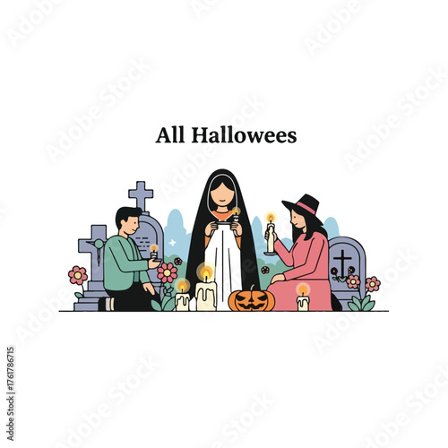 Flat vector illustration series inspired by All Hallows’ Day (All Saints’ Day) — featuring calm scenes of candle lighting, remembrance, and spiritual reflection. Designed in a minimalist flat design s