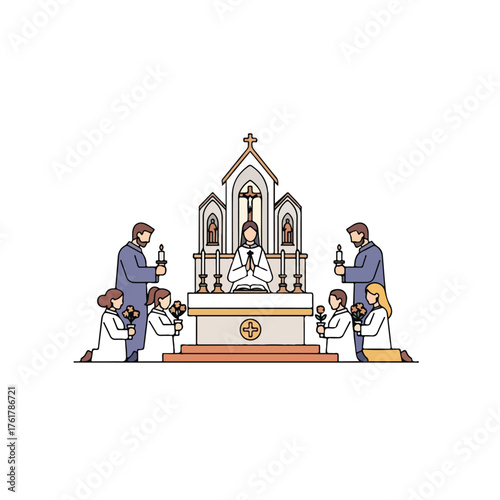 Flat vector illustration series inspired by All Hallows’ Day (All Saints’ Day) — featuring calm scenes of candle lighting, remembrance, and spiritual reflection. Designed in a minimalist flat design s