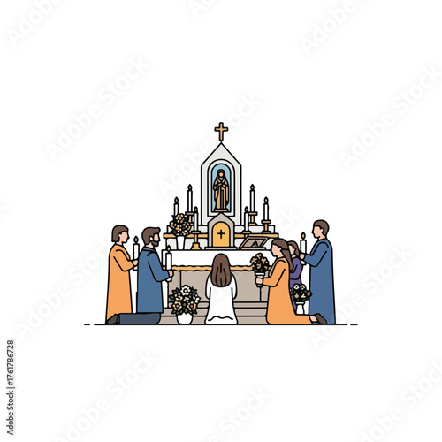 Flat vector illustration series inspired by All Hallows’ Day (All Saints’ Day) — featuring calm scenes of candle lighting, remembrance, and spiritual reflection. Designed in a minimalist flat design s