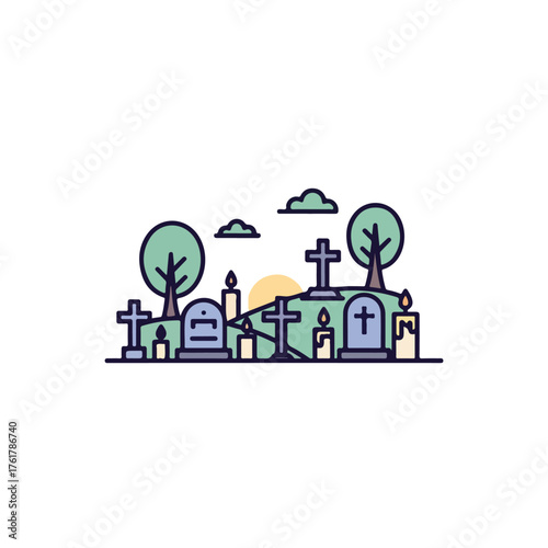 Flat vector illustration series inspired by All Hallows’ Day (All Saints’ Day) — featuring calm scenes of candle lighting, remembrance, and spiritual reflection. Designed in a minimalist flat design s