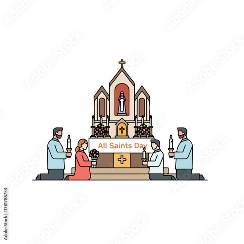 Flat vector illustration series inspired by All Hallows’ Day (All Saints’ Day) — featuring calm scenes of candle lighting, remembrance, and spiritual reflection. Designed in a minimalist flat design s