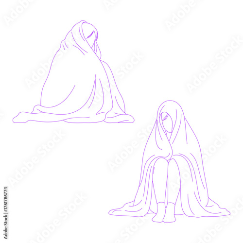 Line art illustration of person sitting under a blanket