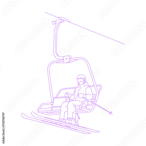 Line art illustration of person riding ski lift