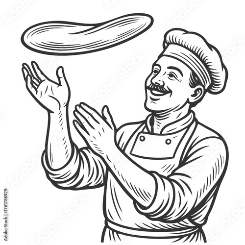 joyful male pizza chef tossing dough into the air sketch engraving generative ai fictional character vector illustration. Scratch board imitation. Black and white image.