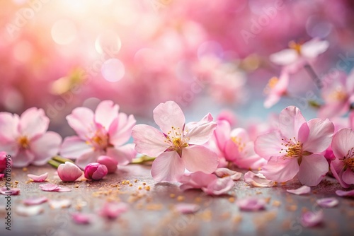 Delicate Pink Sakura Petals on Festive Japanese Background - Stock Photo