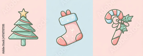 Cute pastel Christmas tree stocking and candy cane with holly in soft festive illustration, cozy holiday charm and gentle joyful mood