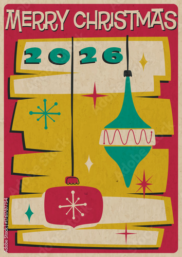 Mid Century Modern Christmas Greeting Card, 1950s - 1960s Postcard, Merry Christmas Illustration, Vintage Colors, Aged Paper Texture