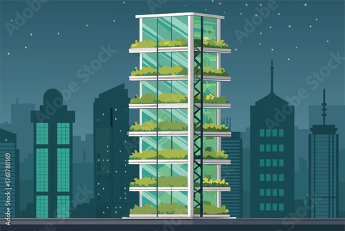 Futuristic vertical farming skyscraper concept.