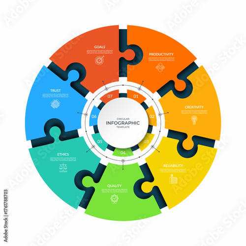 Modern circular infographic template with seven connected puzzle segments. Vector diagram with 7 steps, parts, options. Can be used for business report, analytics, data visualization and presentation.