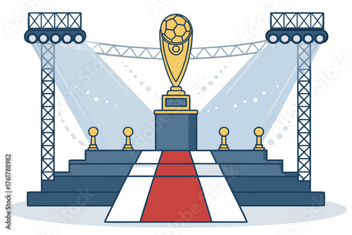 World Cup trophy on podium, spotlights.