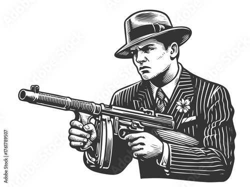 gangster in a pinstripe suit holding a Tommy gun and wearing a fedora sketch engraving generative ai fictional character vector illustration. Scratch board imitation. Black and white image.