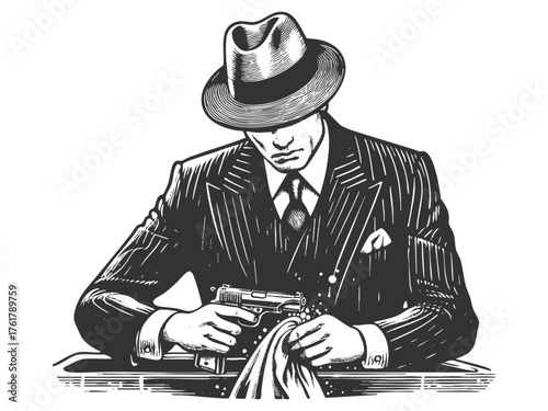 gangster in a suit carefully cleaning a pistol sketch engraving generative ai fictional character vector illustration. Scratch board imitation. Black and white image.