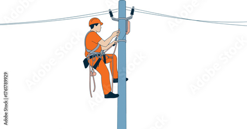 Utility worker climbing pole, electrical lineman, safety harness, helmet gear, power line maintenance, electricity distribution, energy infrastructure, industrial repair, engineering work, technology