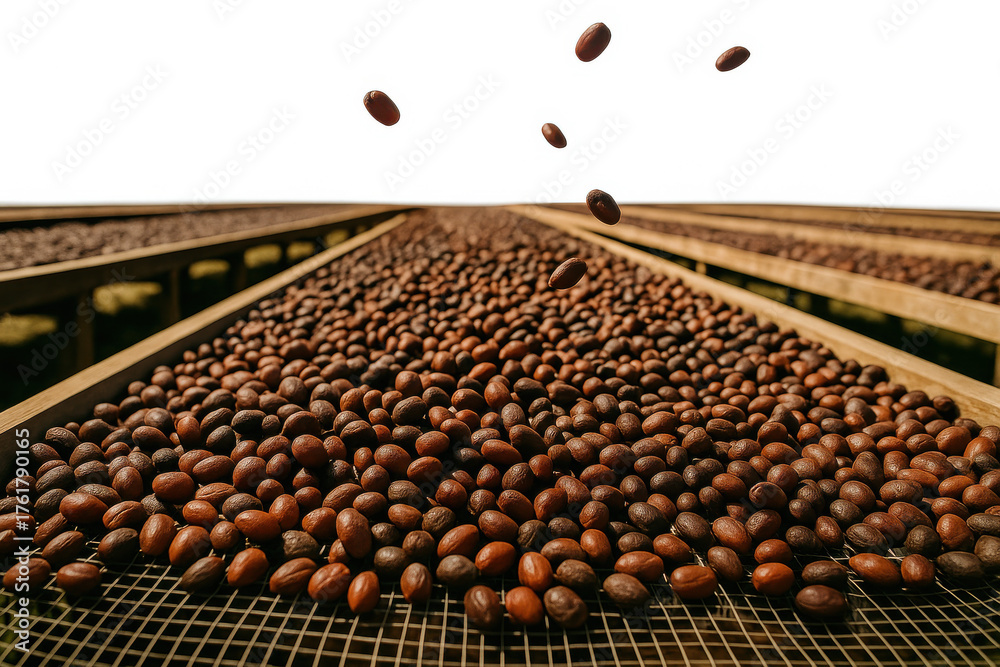 Fototapeta premium Roasted coffee beans moving across a metal sorting conveyor inside a processing facility for agriculture production quality control sustainable trade and industrial food supply concepts