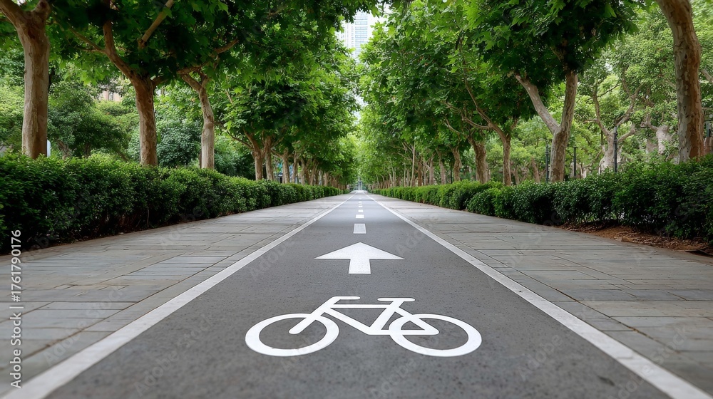 Obraz premium Tree-lined bicycle pathway with arrow and bike symbol for cycling enthusiasts