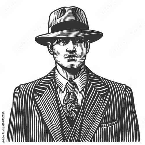gangster wearing sunglasses, a pinstripe suit, and a fedora hat sketch engraving generative ai fictional character vector illustration. Scratch board imitation. Black and white image.