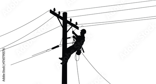 Utility worker silhouette, electrical lineman, safety harness, helmet gear, power line maintenance, electricity distribution, energy infrastructure, industrial repair, engineering work, technology