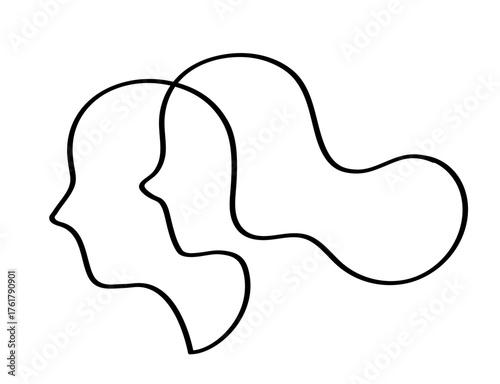 Minimalist line art illustration of two overlapping human profiles facing the same direction. Abstract continuous one-line drawing symbolizing connection, unity, and relationships.