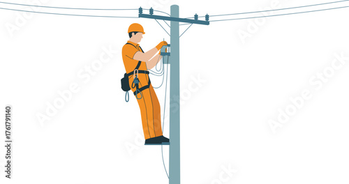 Utility worker, electrical lineman, safety harness, helmet gear, power line maintenance, electricity distribution, energy infrastructure, industrial repair, engineering work, urban technology