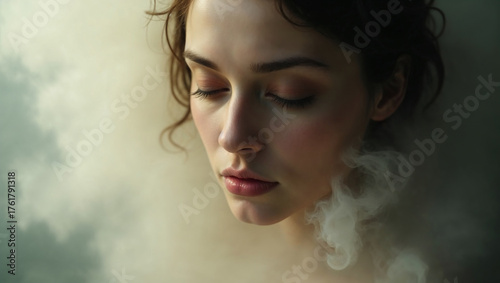 Close up of a young woman with closed eyes, surrounded by smoke, experiencing brain fog and confusion