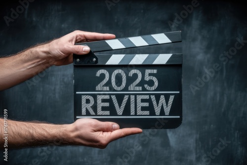 Hands holding a clapperboard with 2025 review written on it