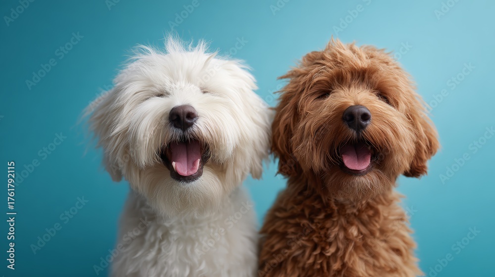 Obraz premium Two adorable fluffy dogs, one white and one brown, yawning with closed eyes and open mouths, portraying friendship, happiness, relaxation, and playful companionship against a blue background