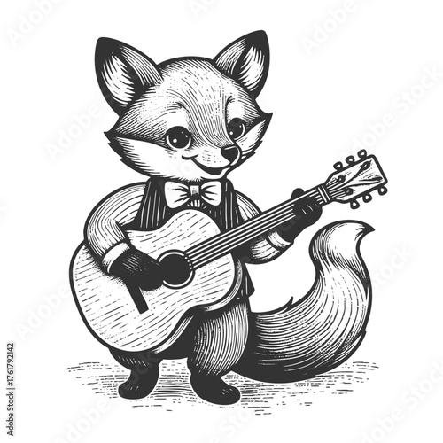 relaxed fox playing an acoustic guitar, blending animal charm with musical creativity sketch engraving generative ai fictional character vector illustration. Scratch board imitation. Black and white.