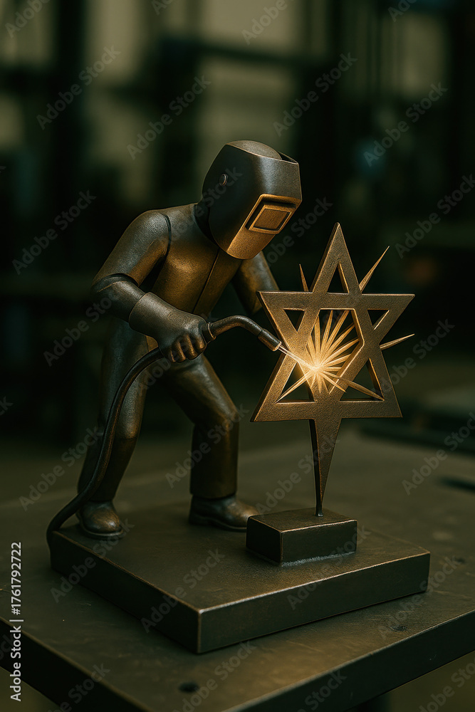 Fototapeta premium Masked miniature welder leans into a glowing metal star on a small base as bright sparks illuminate a shadowy workshop setting with craft skill focus industrial atmosphere and dramatic light