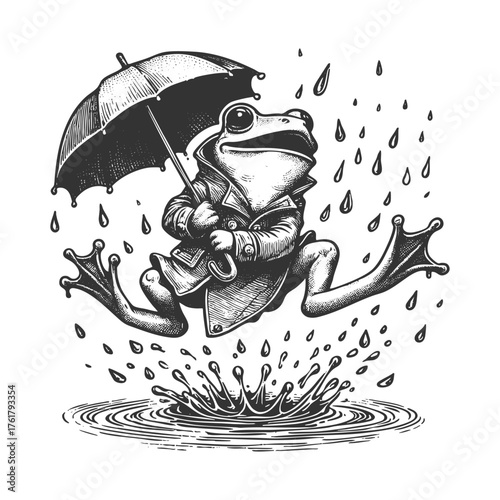 frog in a suit leaping with an umbrella over a puddle on a rainy day sketch engraving generative ai fictional character vector illustration. Scratch board imitation. Black and white image.