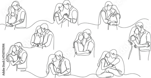 Minimalist line art couples in love, hugging, kissing, holding hands, emotional connection, romantic gestures, intimate relationship illustration