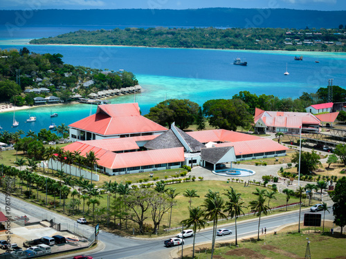 Aerial View of Vanuatu Parliament with Iririki Island and Port Vila Harbour in the Distance