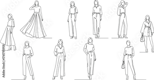 Minimalist fashion sketch series of stylish women in dresses, pantsuits, heels, handbags, confident poses, modern outfit illustration