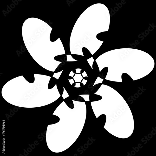 White abstract floral pattern on black background.

